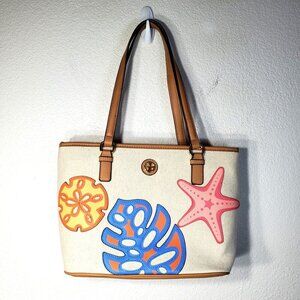 GIANI BERNINI Starfish Sand Dollar Coral Beach Print Linen-Look Handbag NWOT